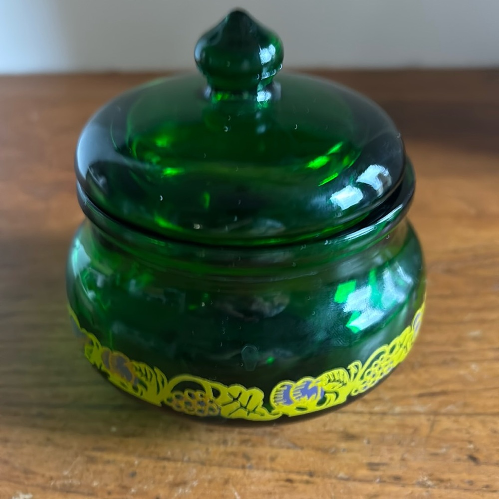 Vintage made in Belgium green glass jam pot & lid decorative fruit accents
